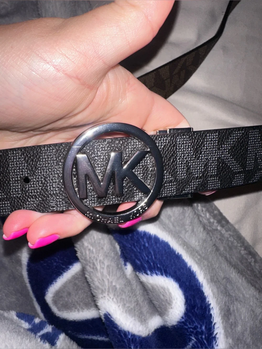 Michael Kors Black Signature Logo Belt with Silver MK Round Buckle